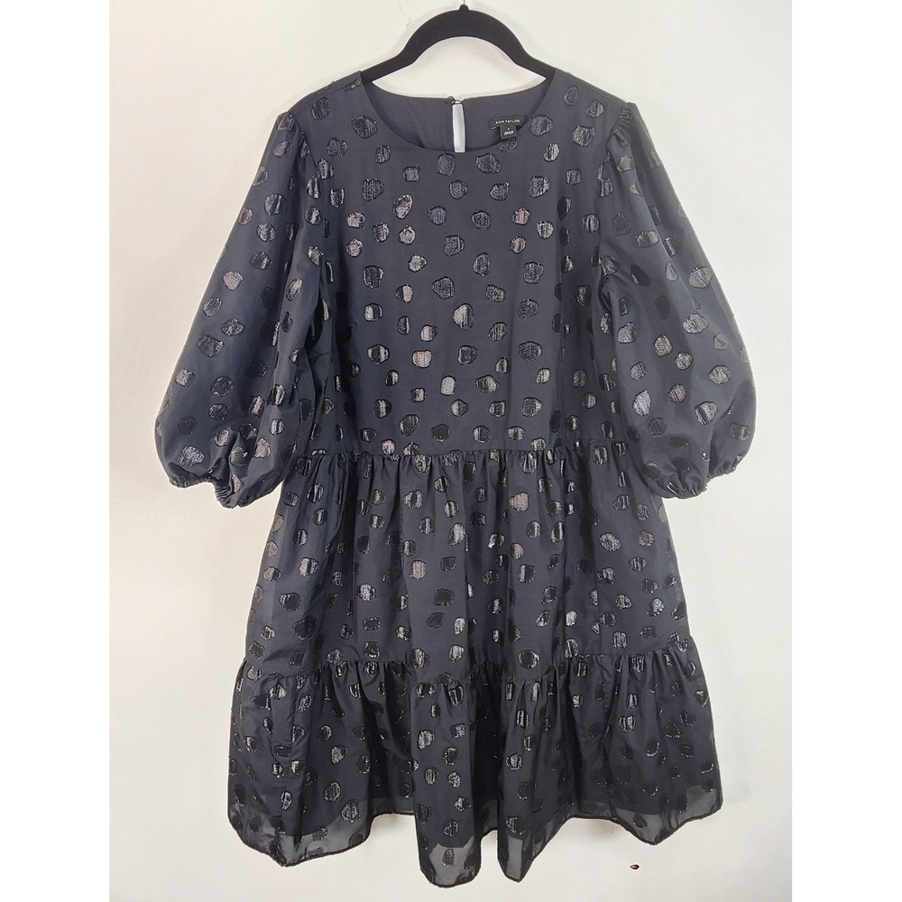 Ann Taylor Tiered Shift Dress Women's S Black Metallic Polka Dot 3/4 Puff Sleeve